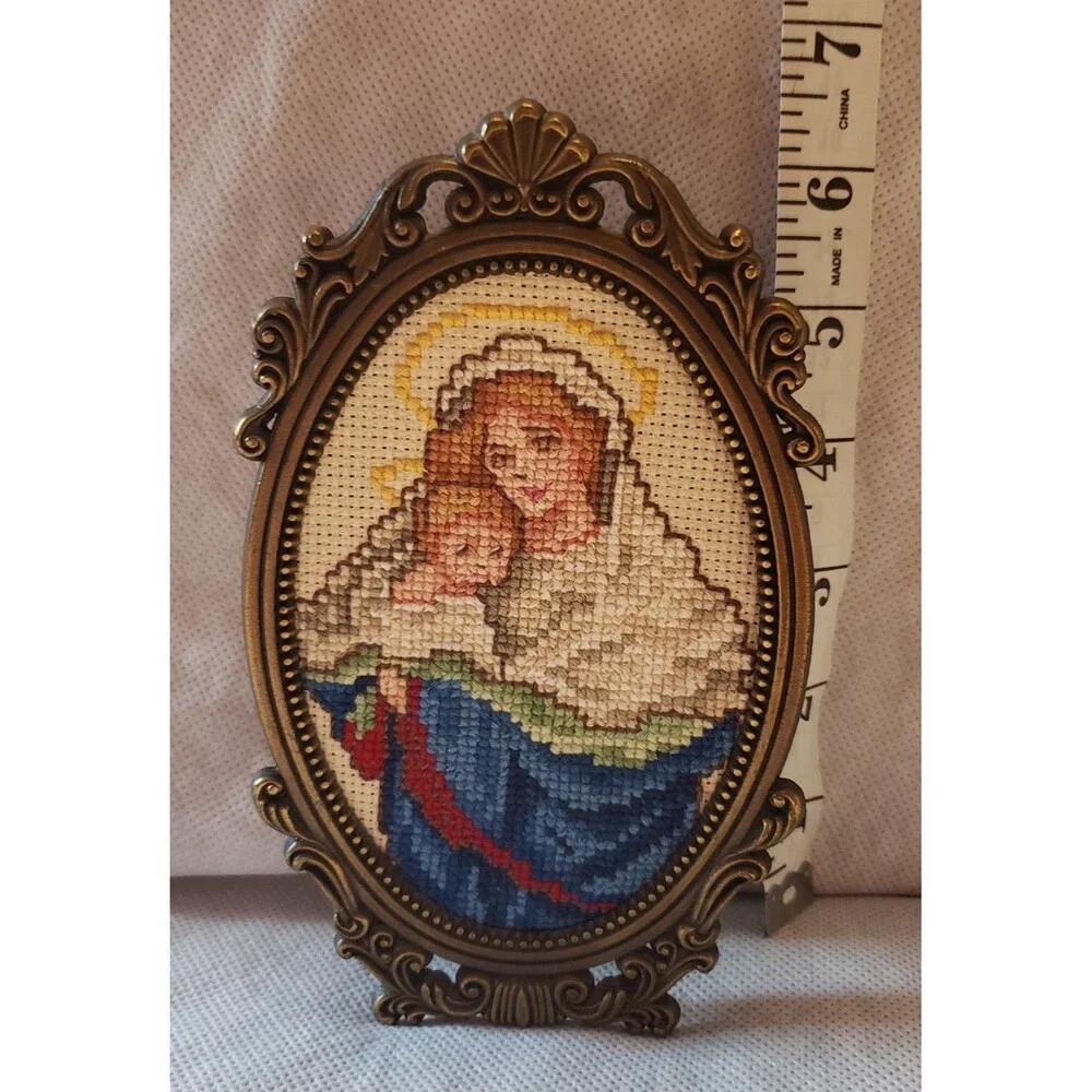 Vintage Needlepoint Virgin Mary Mother of God & Baby Jesus Ornate Metal Frame